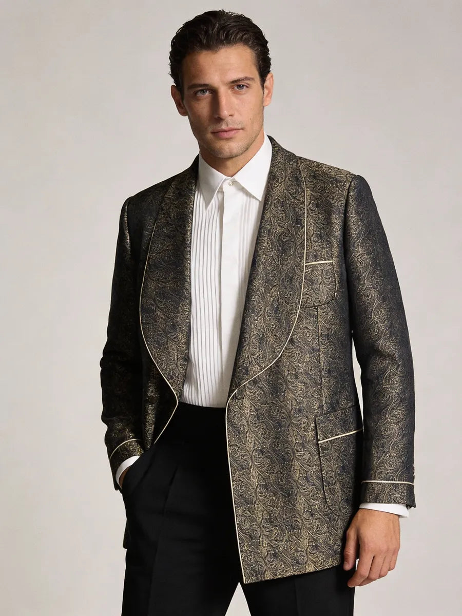 Man wearing a patterned blazer over a white shirt tuxedo jacket