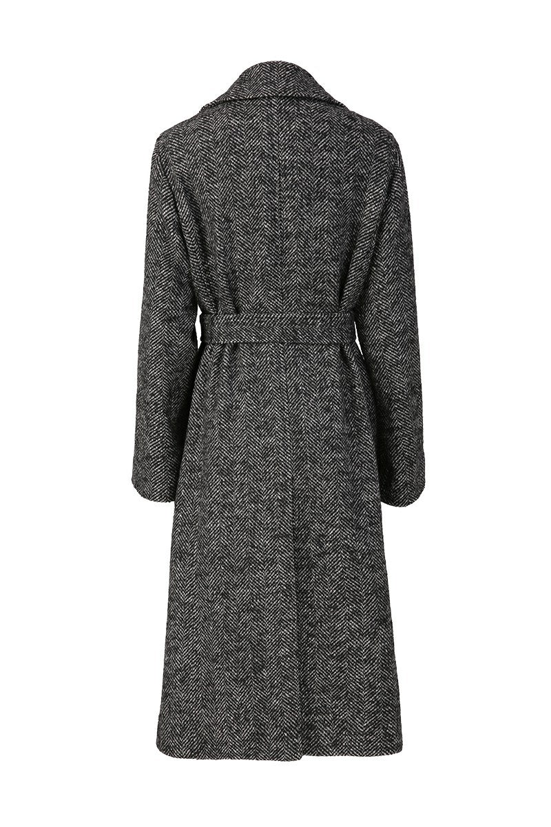 Long dark gray coat with a belt on a white background