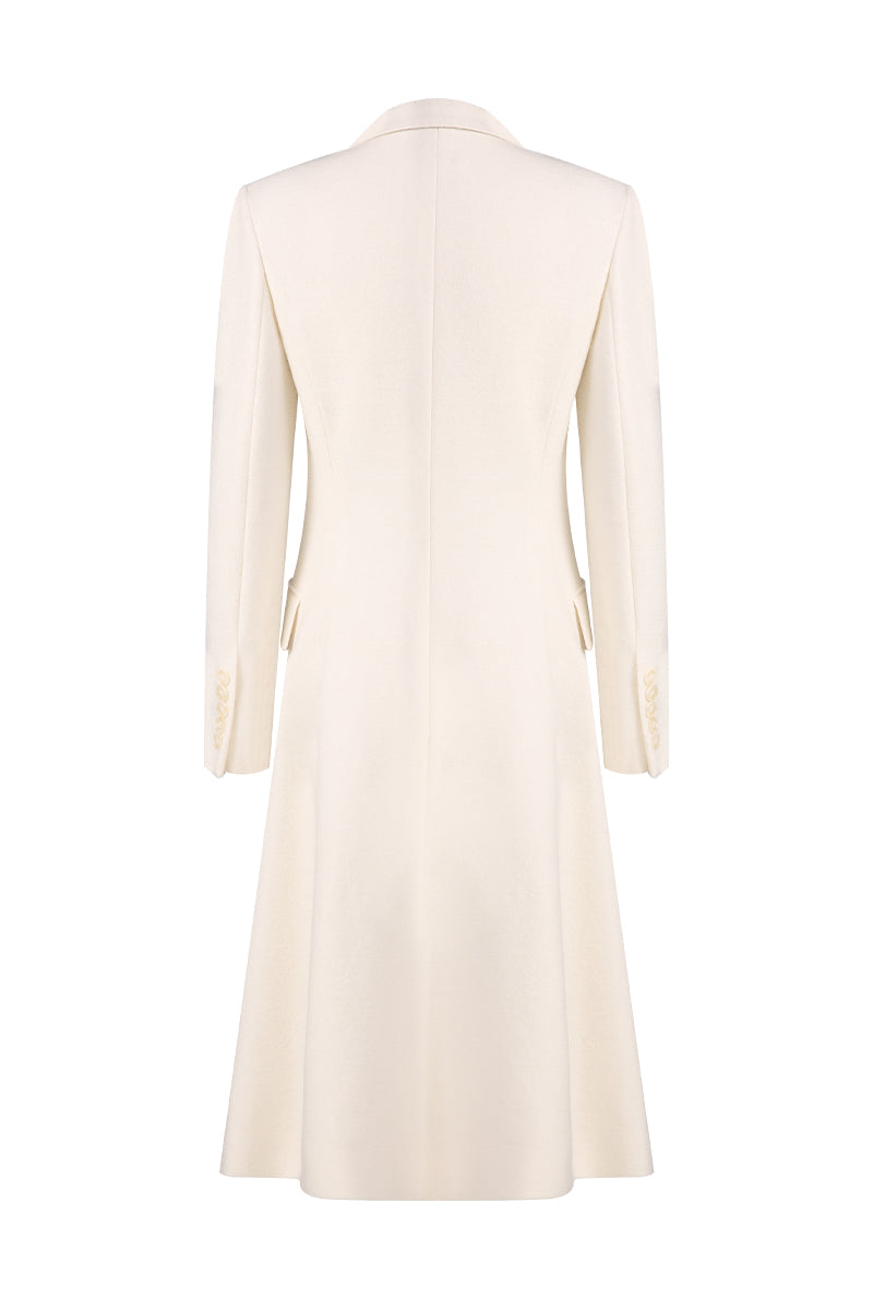 Beige dress with long sleeves on a white background custom overcoats orlando tampa