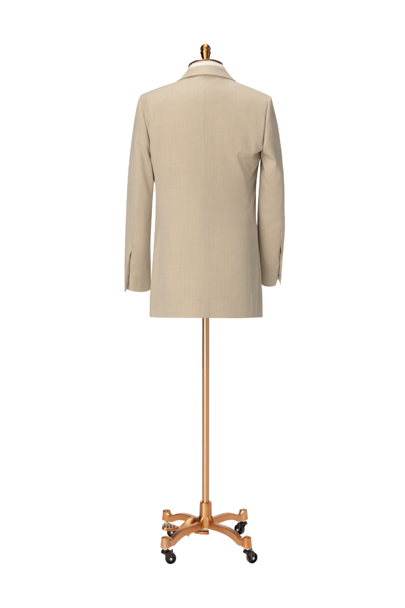 Crafted from 100% wool, this two-piece suit redefines business attire with a modern twist. The jacket features a double placket collar with a removable concept and an oblique placket design that enhances the silhouette with a fluid, cohesive shape. The subtle color block effect between white and khaki adds a refined softness, balancing contemporary style with traditional tailoring. Paired with matching trousers, this suit delivers a polished look for professional meetings, semi-formal events, or upscale soc