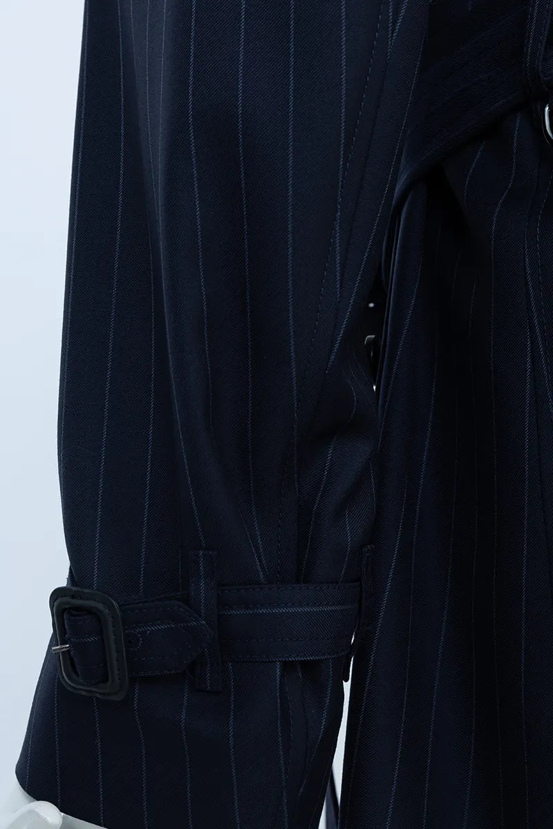 Navy Stripe Italian Wool Tailored Overcoat