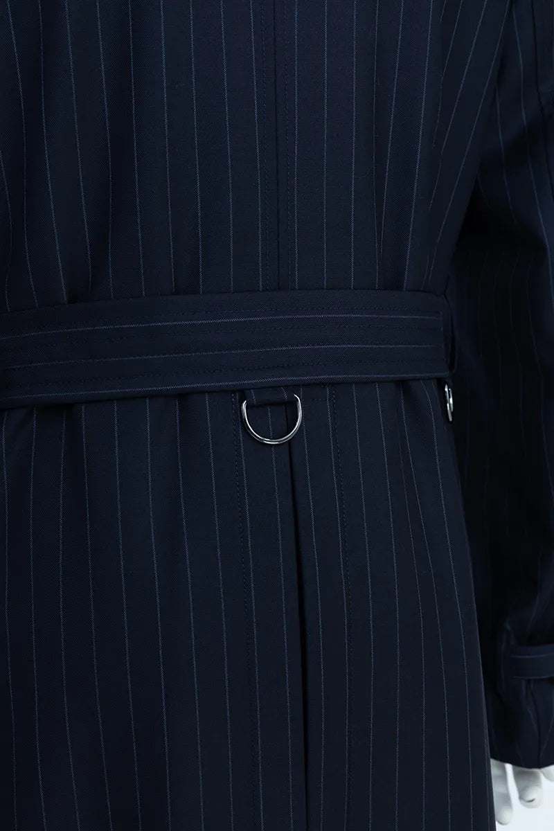 Navy Stripe Italian Wool Tailored Overcoat