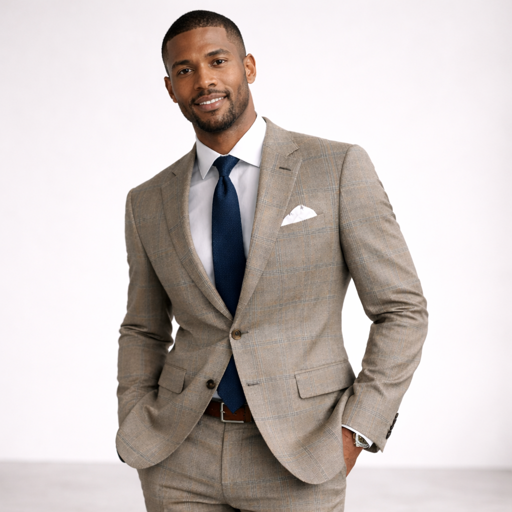 Man wearing a beige suit with a blue tie on a white background