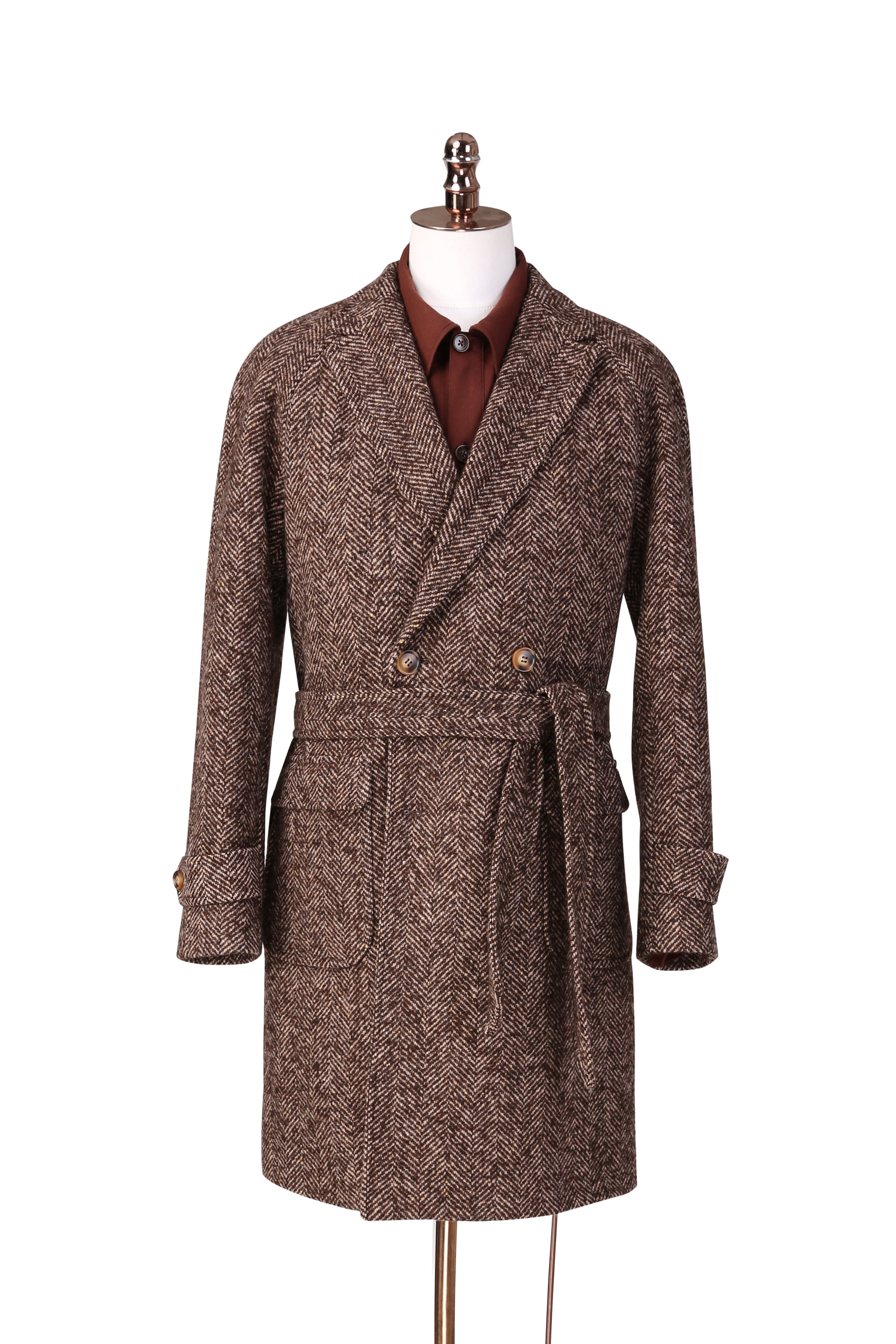 Brown textured coat on a mannequin against a white background custom made coats near me
