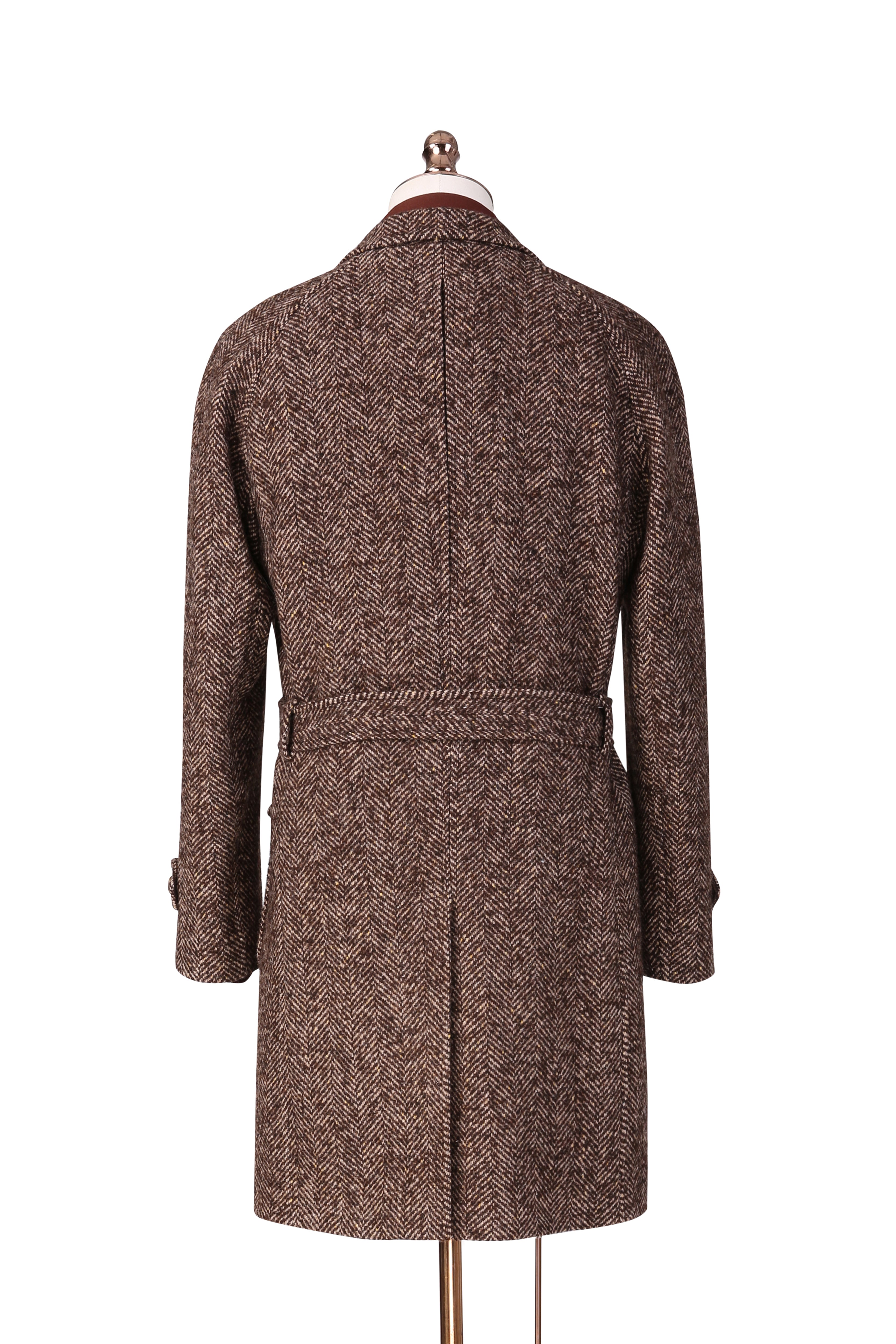 Brown textured coat on a mannequin against a white background belted overcoats for men and women nyc dc