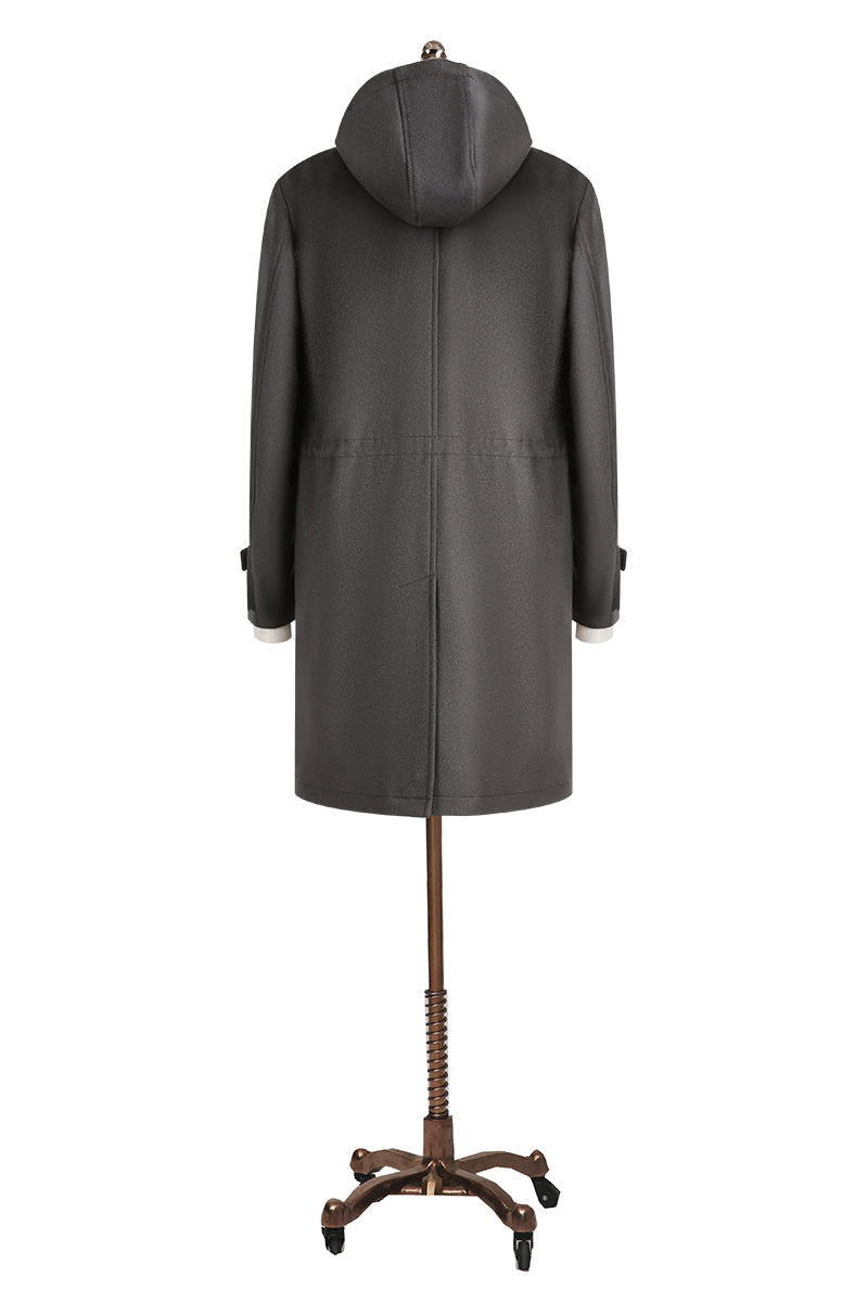 Gray leather coat on a mannequin against a white background
