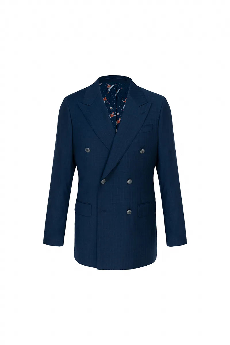 Navy blue double-breasted coat on a white background