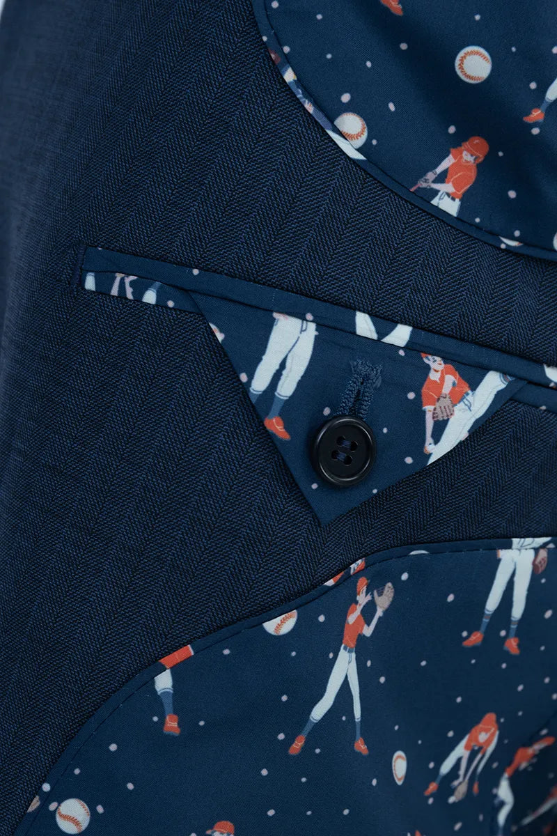 Navy blue fabric with a button and small print of people playing tennis. custom blazer for VIP