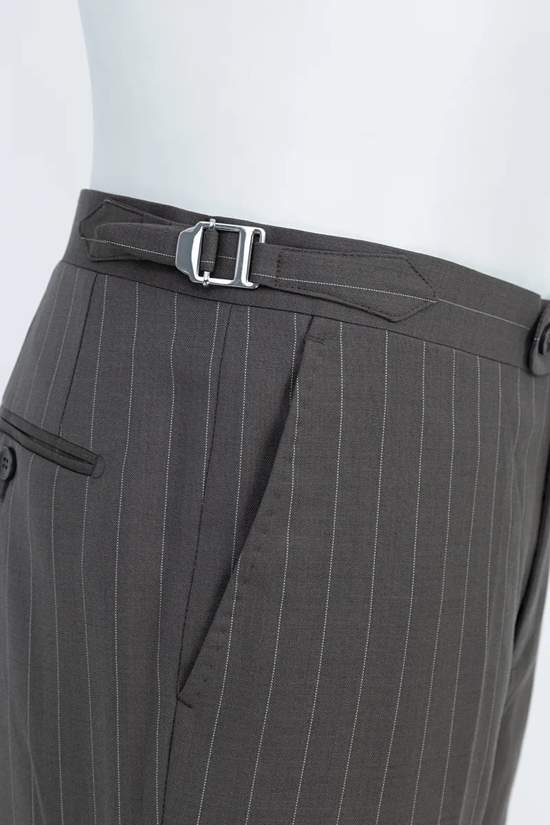 Gray pinstripe pants with a belt italian style suits side pants ajuster best suits near me