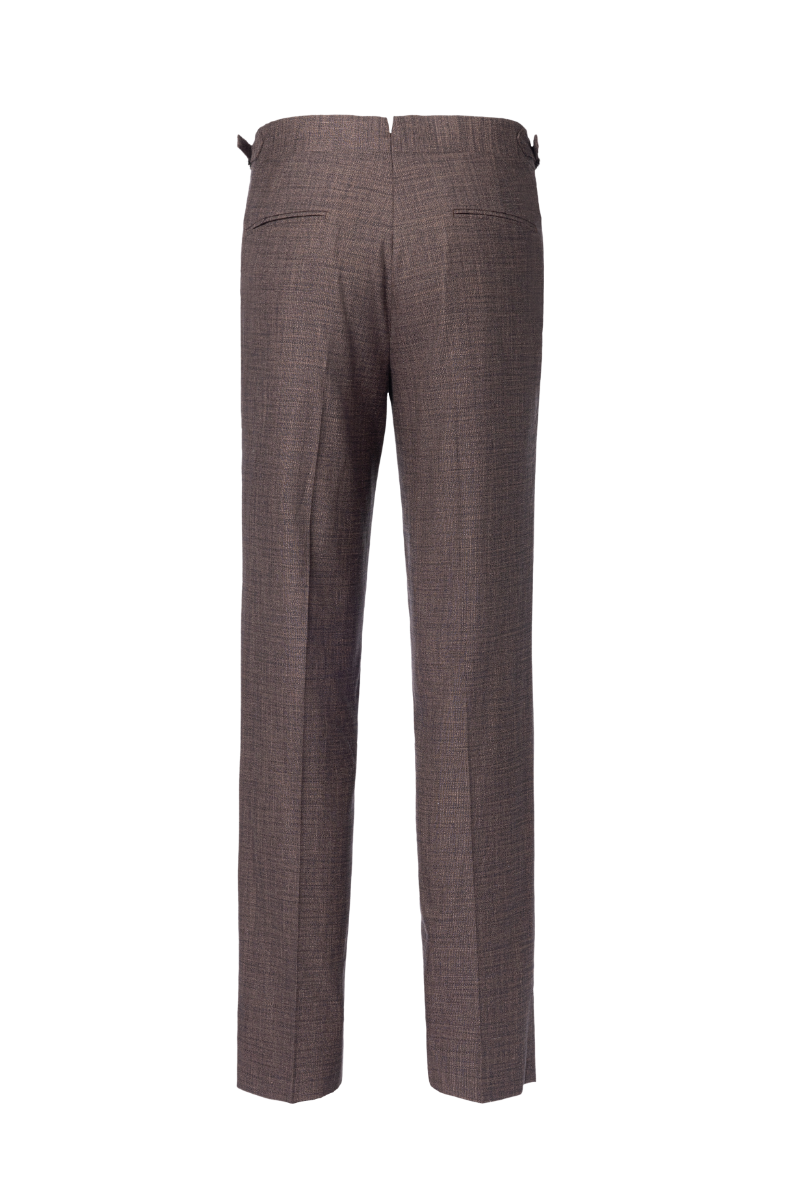 Men's brown textured dress pants featuring a pleated front design, side waist adjusters, and an extended button tab closure for a tailored, polished look. Crafted from a luxurious blend of bamboo, wool, silk, and spandex, these trousers offer natural stretch, breathability, and a soft drape, making them ideal for formal business settings, wedding attire, or upscale casual events. Styled to pair seamlessly with blazers, dress shirts, or knitwear, these pants are perfect for the modern gentleman seeking versa