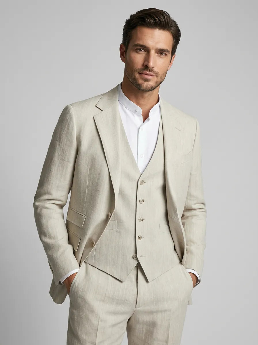 Man wearing a beige suit with a white shirt on a gray background