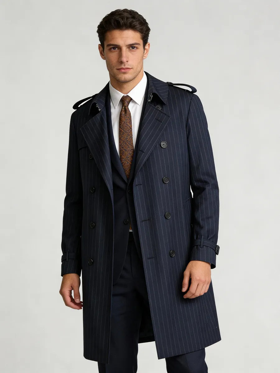 Navy Stripe Italian Wool Tailored Overcoat