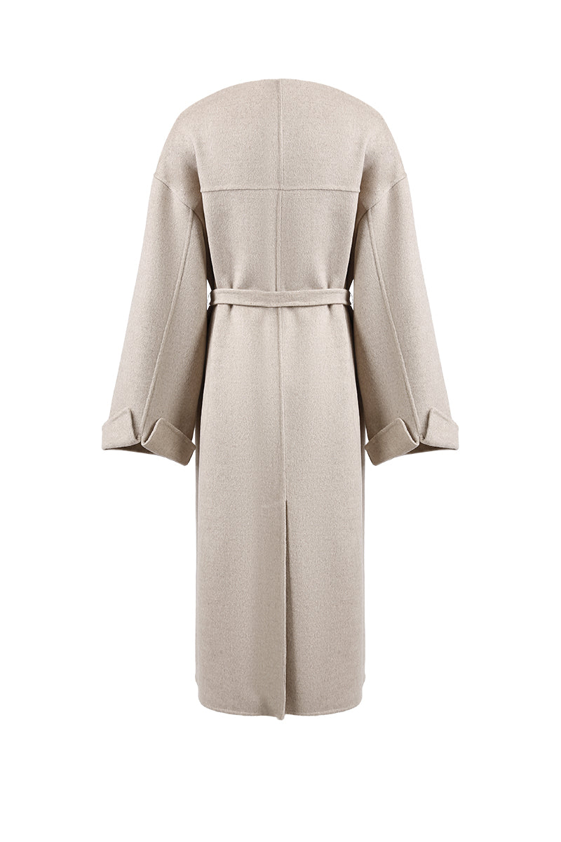 Beige overcoat with a belt on a white background
