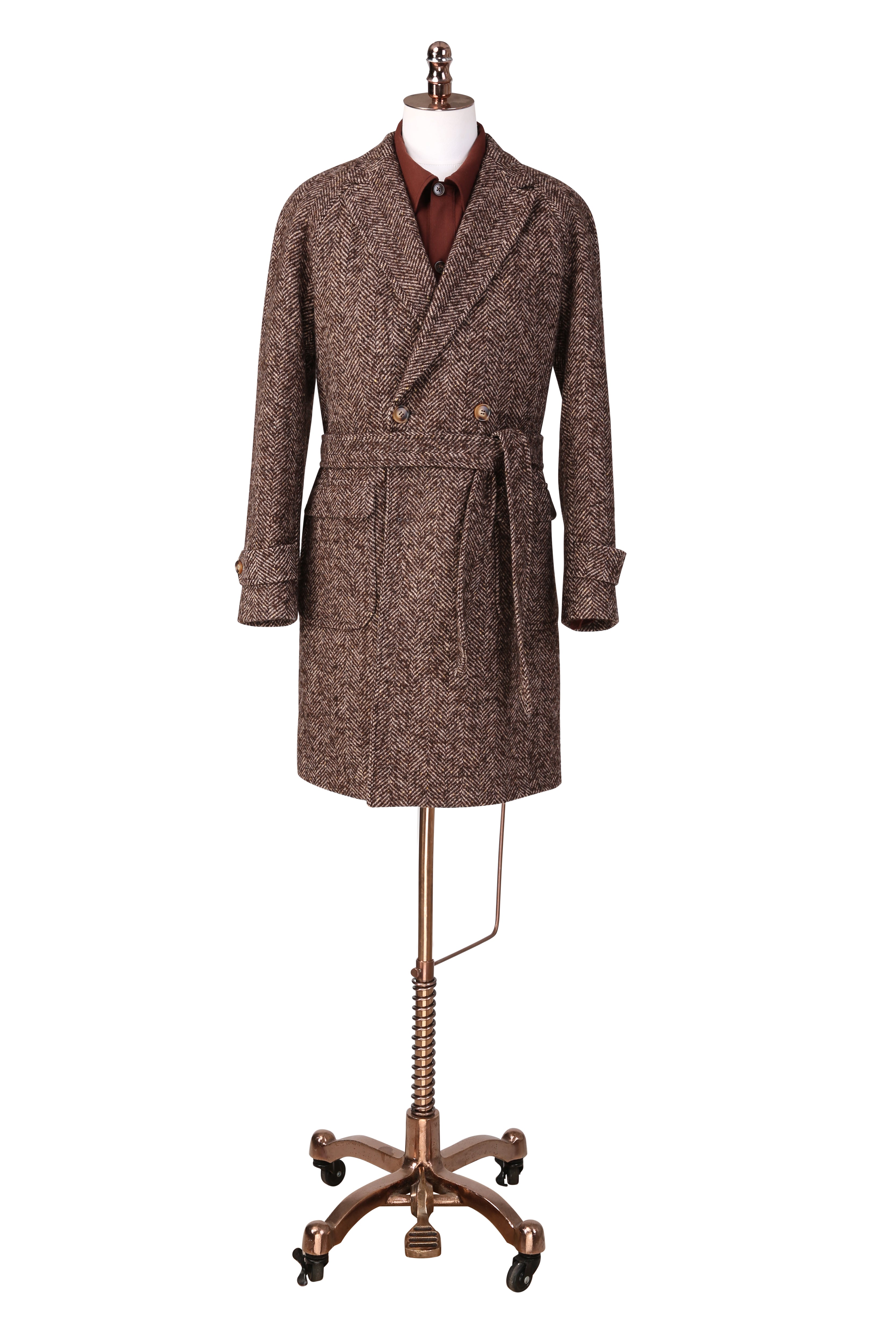 Brown herringbone coat on a mannequin with a white background custom made overcoats online florida new york
