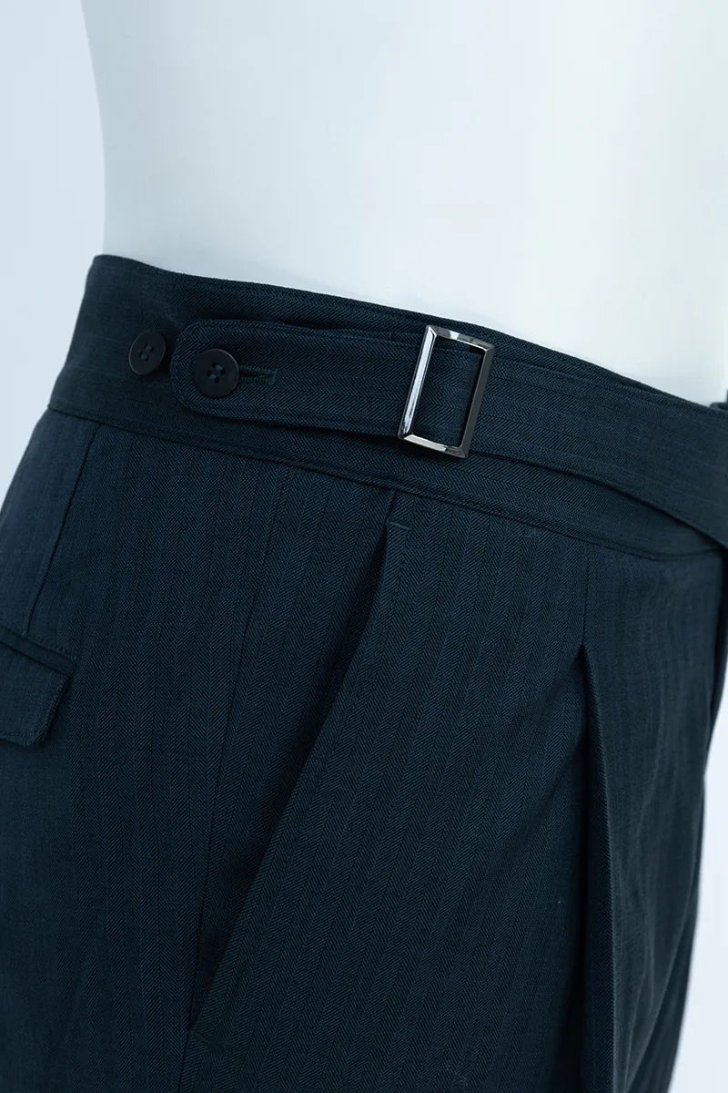 Navy blue pants with a belt, pants with waist adjusters available online order today and customize your style 