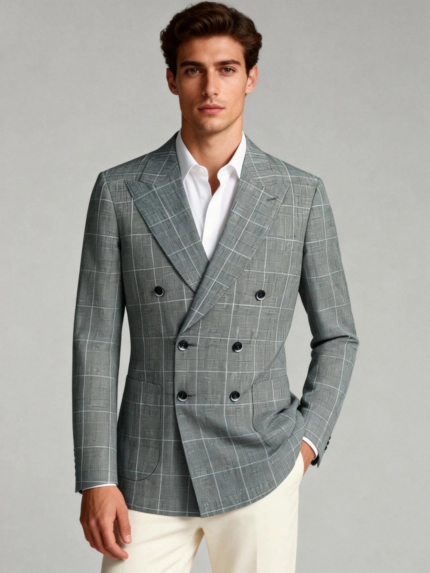 Man wearing a gray checkered double-breasted jacket over a white shirt on a gray background
