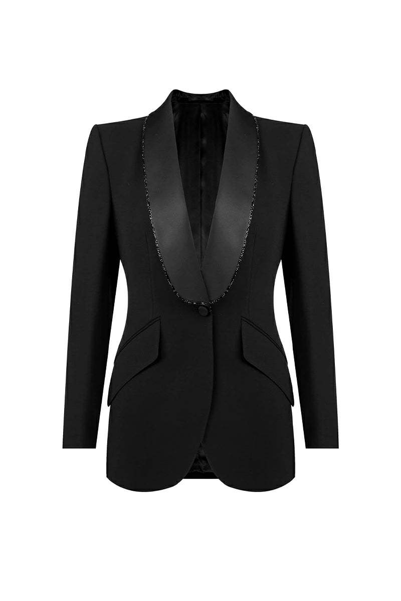 Black women's tuxedo blazer with an unconstructed chest and high waisted cut, cut to measure