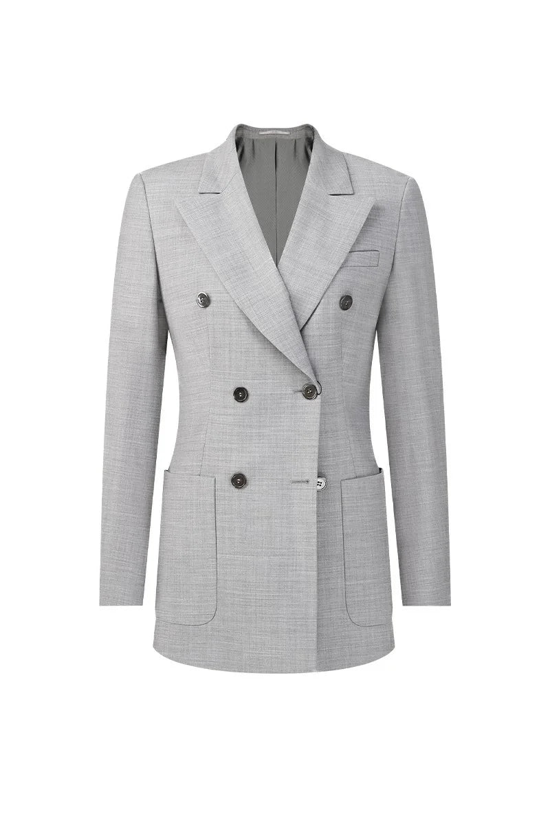 Light grey double breasted women's blazer in premium wool with a shaped waist