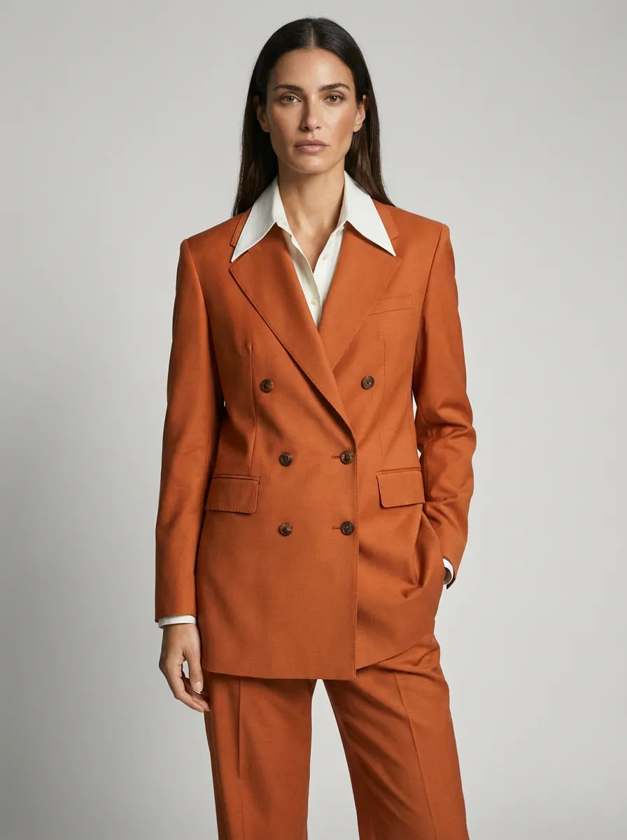Double breasted women's jacket in a warm orange wool cotton blend