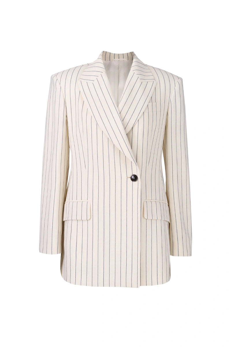 Cream and beige stripe women's blazer in a wool silk blend, single breasted