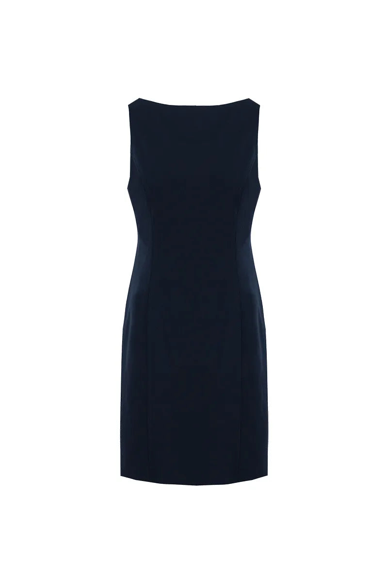 Black sleeveless tailored dress with a smooth boat neckline, made to measure