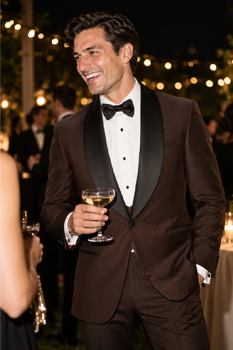 Custom brown dinner jacket with a black shawl lapel at an evening party, made to measure in Jacksonville FL