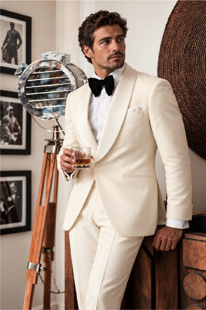 Custom ivory dinner jacket with a shawl collar and black bow tie, made to measure in Jacksonville FL